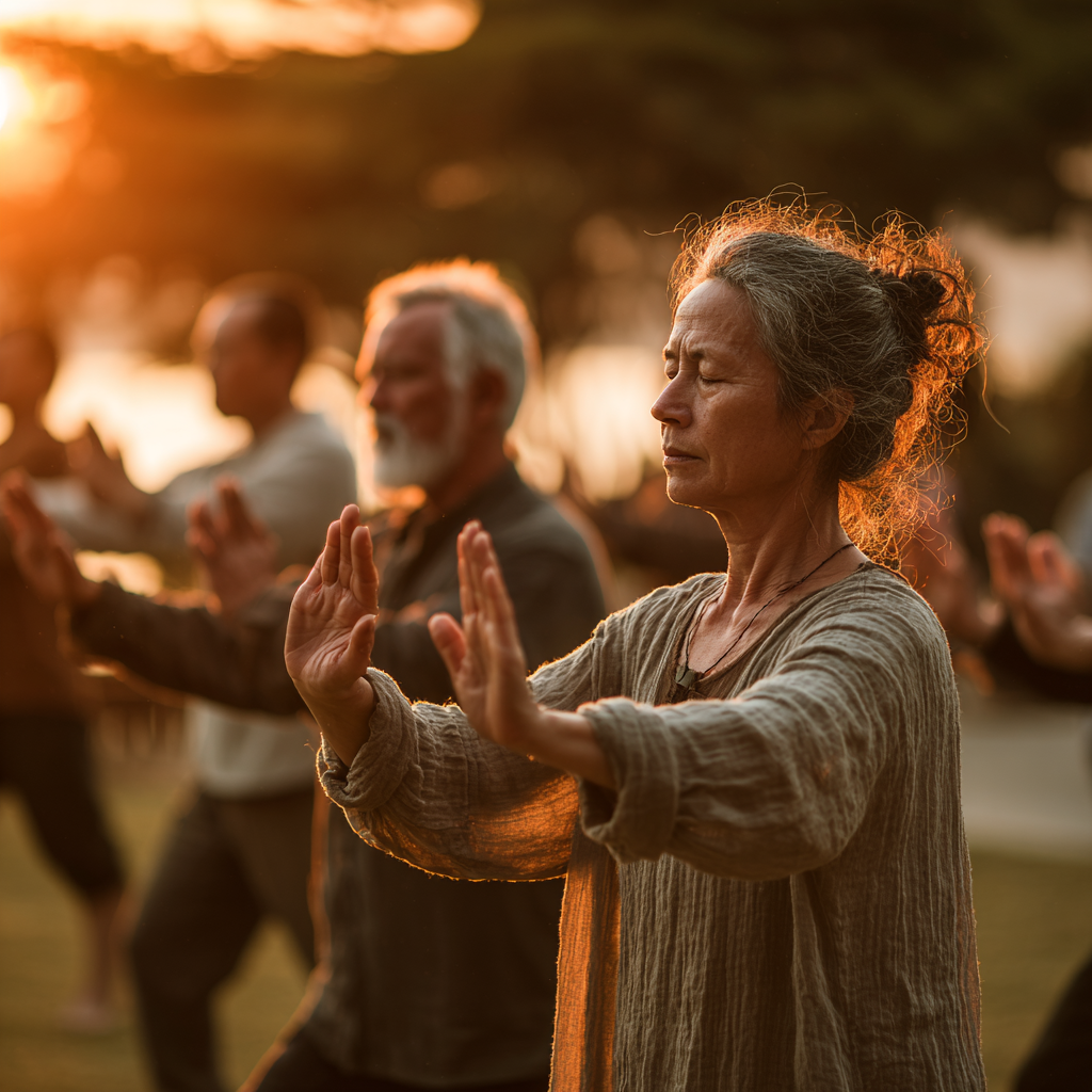 Group of diverse adults in their 40s and 50s practicing tai chi in a park with trees in the background during morning golden hour light