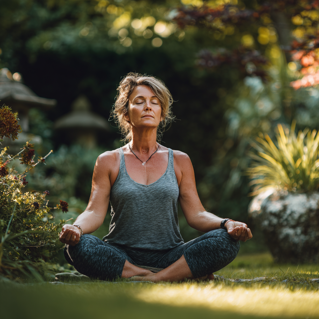 Middle-aged woman in comfortable workout clothes doing gentle yoga stretches in a peaceful garden setting with green plants around her