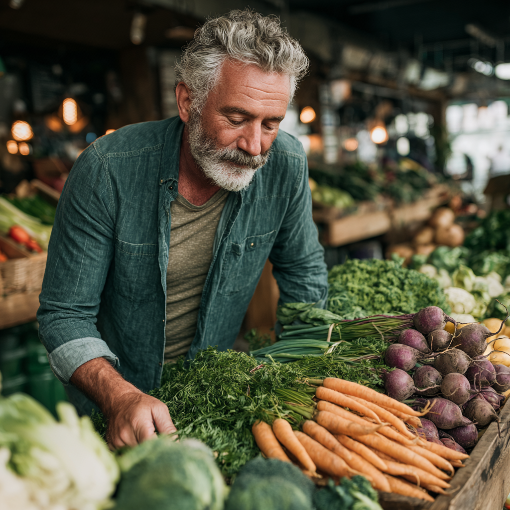 Senior man with gray hair wearing casual clothes selecting fresh vegetables and fruits at a modern farmers market with abundant green produce displayed